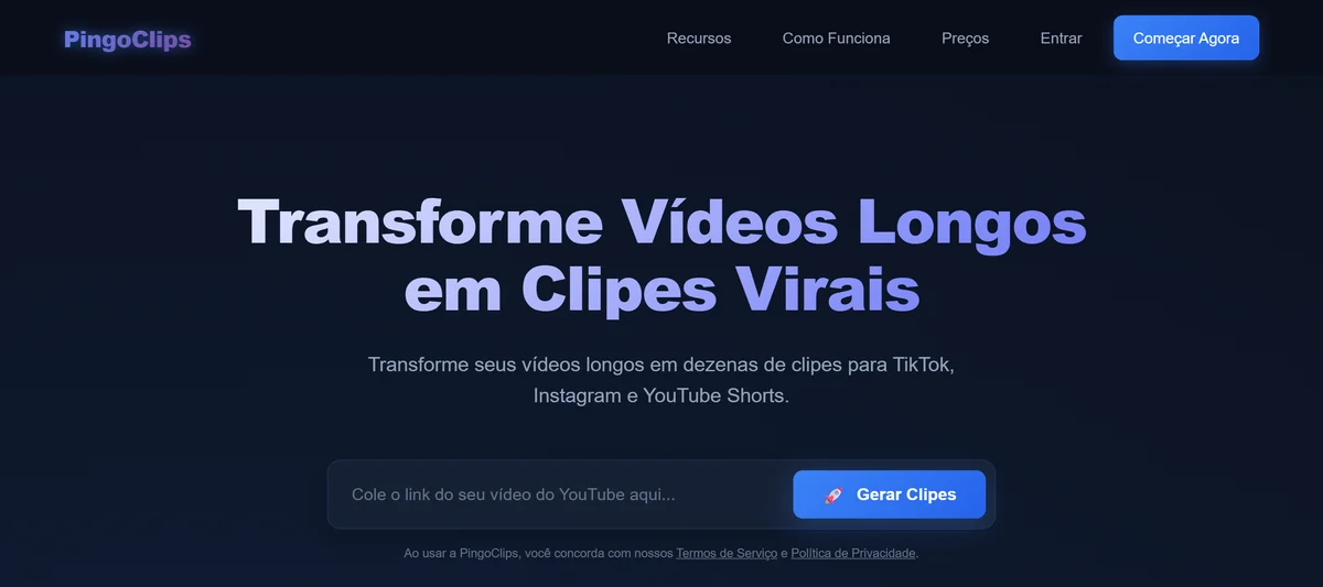 Tela inicial do PingoClips, com o campo para colar o link do vídeo do YouTube e o botão de gerar clipes.